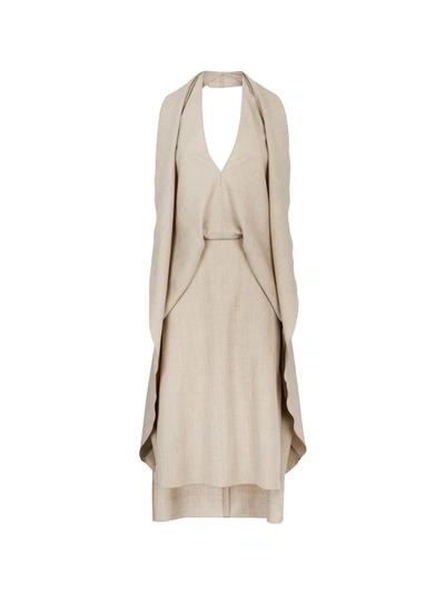 Fendi Wool Dress With Back Logoed Ribbon In Beige