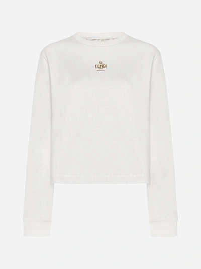 Fendi Logo Printed Crewneck Sweatshirt In Bianco