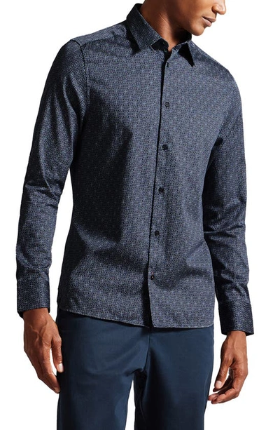 Ted Baker Pavia Star Geo Print Regular Fit Shirt In Navy