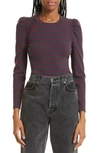 Veronica Beard Delano Stripe Puff Sleeve Cotton Top In Navy Syrah