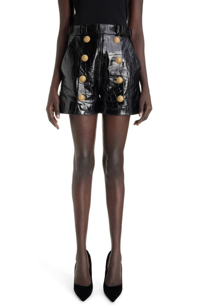 BALMAIN EIGHT-BUTTON CROC EMBOSSED LEATHER SHORTS