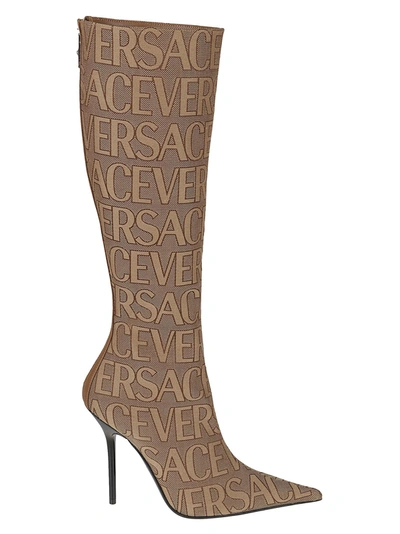 Versace ' Allover' Boots Women In Beige/brown/palladium