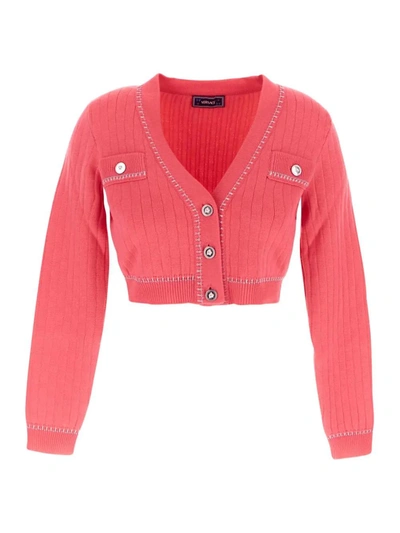 Versace Rib Knit V-neck Cropped Wool Cardigan In Pink