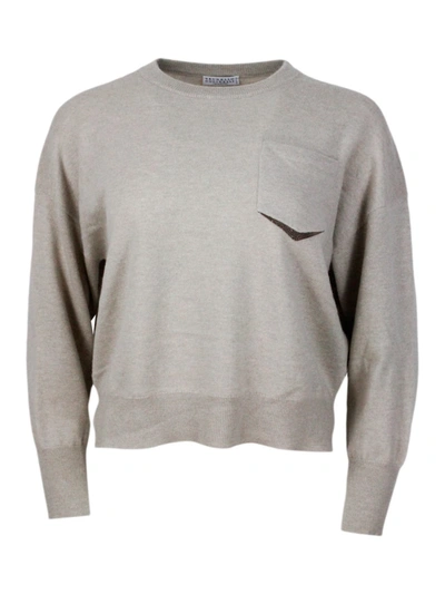 Brunello Cucinelli Long-sleeved Crewneck Sweater In Fine Cashmere With A Relaxed And Slightly Cropped Shape. Details In In Multicolor