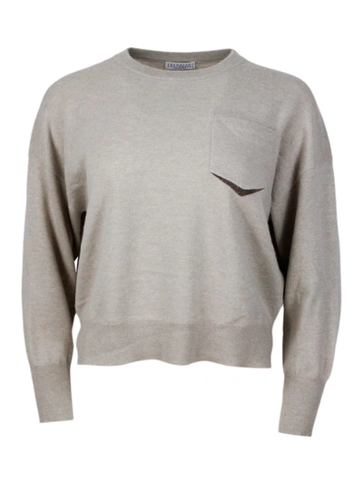 Brunello Cucinelli Long-sleeved Crewneck Sweater In Fine Cashmere With A Relaxed And Slightly Cropped Shape. Details In In Beige Freddo