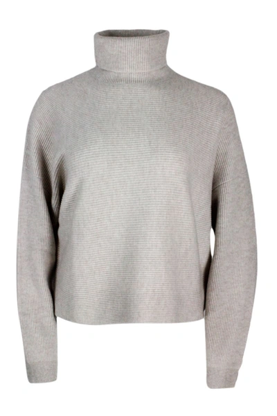 Brunello Cucinelli High Neck Sweater In Wool, Silk And Cashmere With English Rib Knit With Precious Shiny Monili On The In Beige