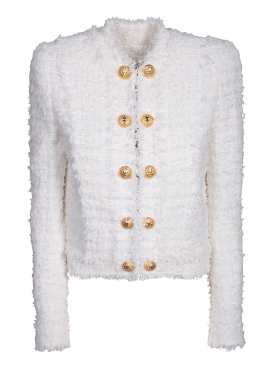Balmain Tweed Single-breasted Button Blazer In White
