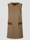 Gucci Gg Leather-trimmed Canvas Minidress In Beige