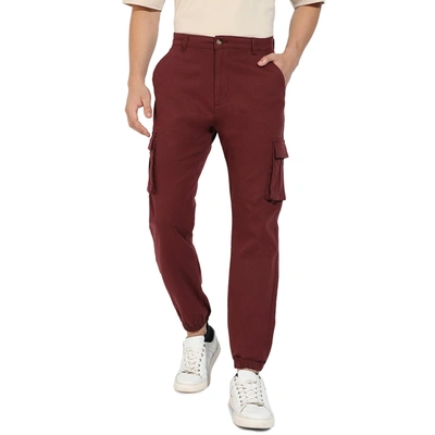 Campus Sutra Solid Cuffed Hem Cargo Trousers In Red