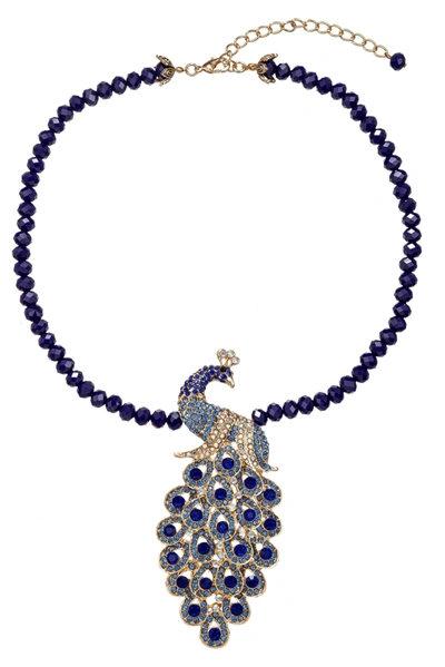 Eye Candy La The Luxe Collection Peacock Brooch Statement Necklace In Blue