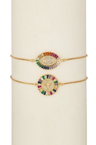 Eye Candy La Rainbow Eye & Cross Bracelet Set In Gold