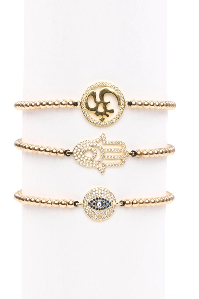 Eye Candy La Luxe Titanium Cz Hamsa Stretch Bracelet Set In Gold