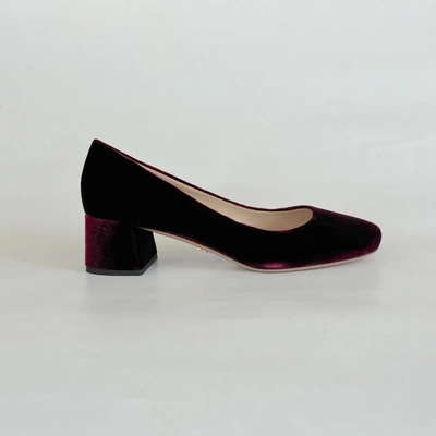 Pre-owned Prada Burgundy Velvet Block Heel Square Toe Mary Jane Pumps,