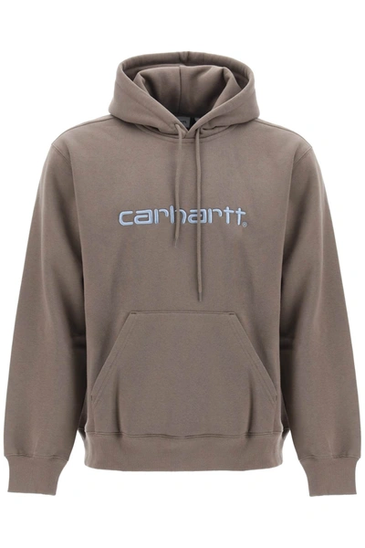 Carhartt Logo-embroidered Jersey Hoodie In Grey,brown