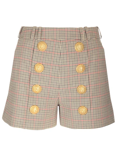 Balmain Checked Wool Blend High Rise Shorts In Multicolor