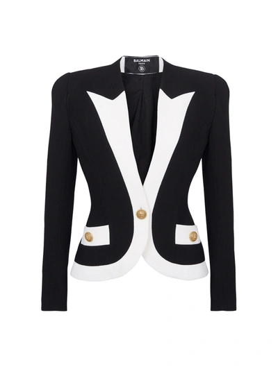 Balmain Single Breasted Wool Crepe Jacket In Eab Noir Blanc