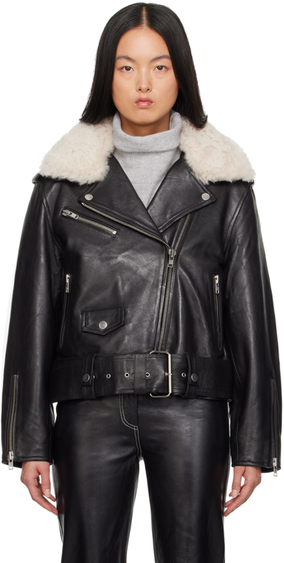 Stand Studio Shearling-trimmed Leather Biker Jacket In Black