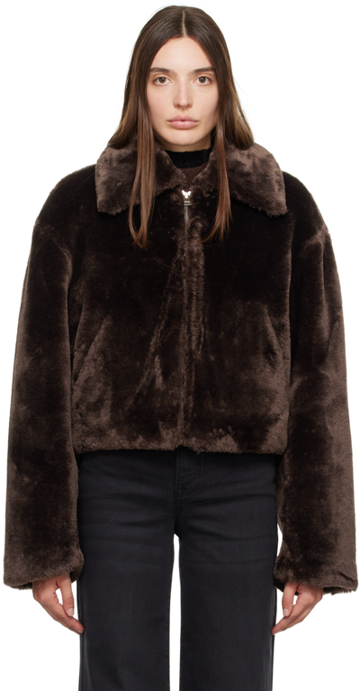 Frame Faux Fur Zip Up Jacket – 浓咖啡色 In Brown