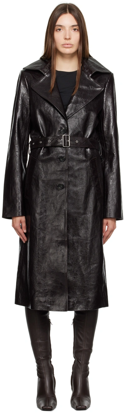 Helmut Lang Brown Belted Leather Trench Coat In Wine - H15