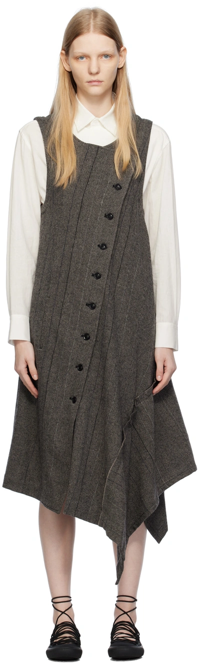 Y's Herringbone Sleeveless Asymmetric Midi Dress In Grey