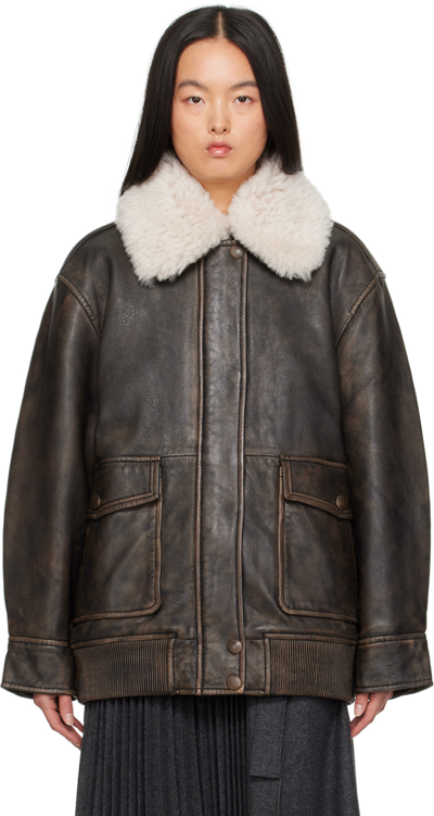 Stand Studio Danata Genuine Shearling Collar Lambskin Leather Jacket In Worn Black