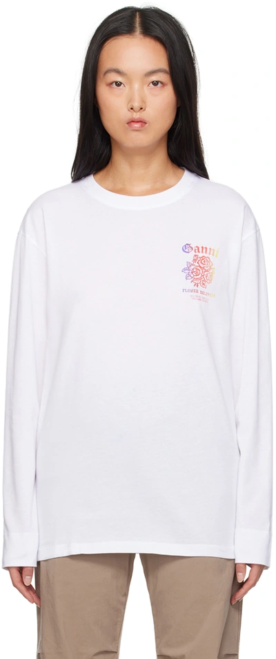 Ganni White Printed Long Sleeve T-shirt In 151 Bright White