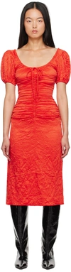 GANNI RED CRINKLED MIDI DRESS