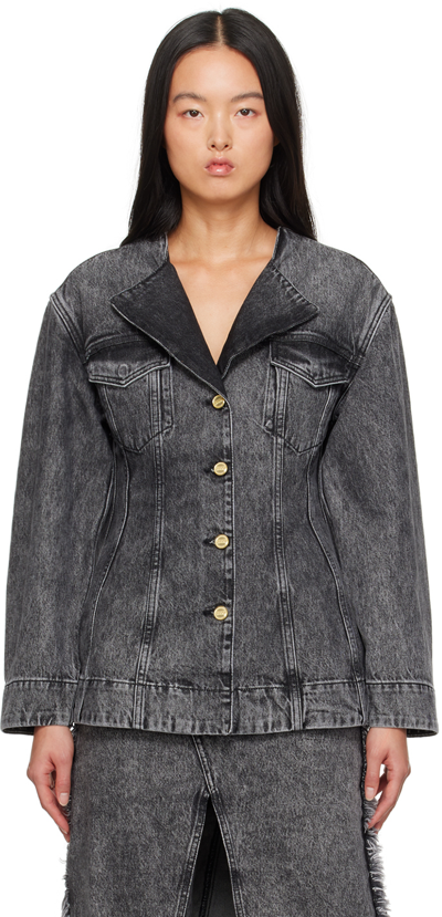 Ganni Washed Cotton Denim Fitted Blazer In Black