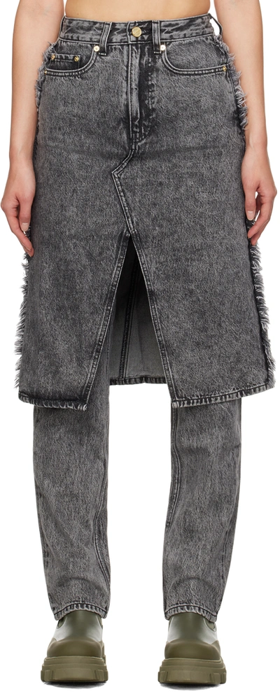 Ganni Snow Washed Denim Skirt Jeans In Black