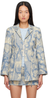 Ganni Long Sleeve Brocade Fitted Blazer In 695 Silver Lake Blue