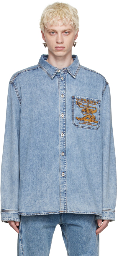 Y/project Logo-embroidered Organic Cotton Shirt In Blue