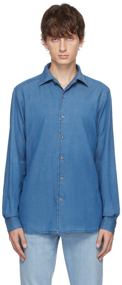 Zegna Blue Cashco Denim Shirt In 002 Blue