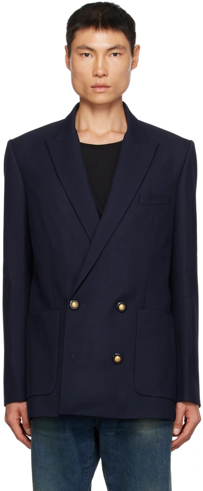 Balmain Navy Double-breasted Blazer In 6ub Marine