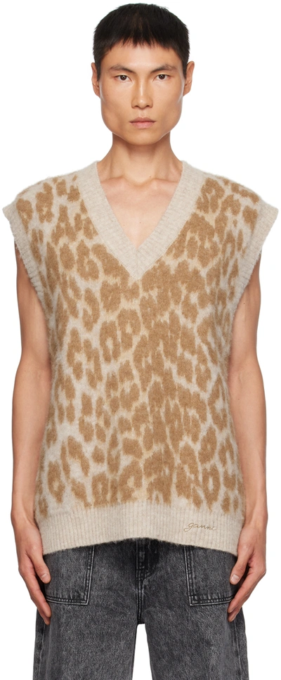 Ganni Brown Leopard Waistcoat In Timber Wolf