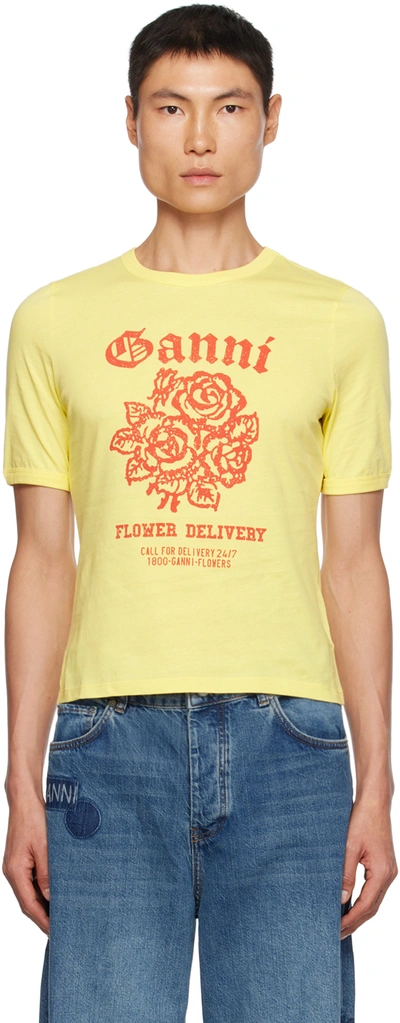 Ganni Yellow Printed T-shirt In Yellow Cream