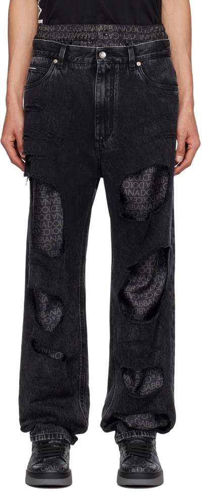 Dolce & Gabbana Distressed & Layered Denim Jeans In Grey,black