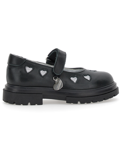 Monnalisa Leather Ballet Flats With Glitter Hearts In Black