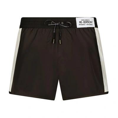 Dolce & Gabbana Short Swim Trunks With Contrast Bands In Nero_marrone