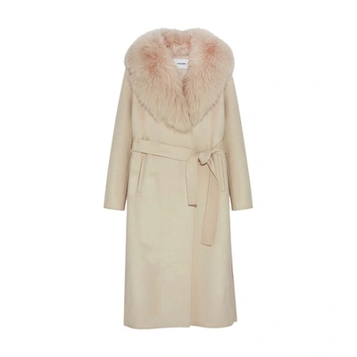 Yves Salomon Belted Cashmere Coat With Fox Fur Collar And Lapels In Beige