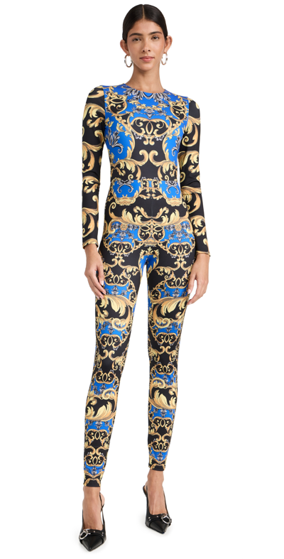 Alice And Olivia Freddie Filigree Print Long Sleeve Catsuit In Regal Romance Sapphire