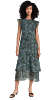 SCOTCH & SODA SLEEVELESS MIDI FLOUNCE DRESS FEATHER BOTTLE GREEN