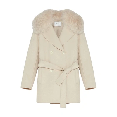 Yves Salomon Cashmere Peacoat-style Jacket With Fox Fur Collar In Beige