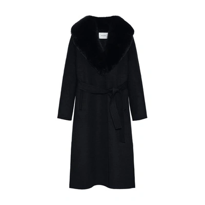 Yves Salomon Belted Cashmere Coat With Fox Fur Collar And Lapels In Bleu_fonce