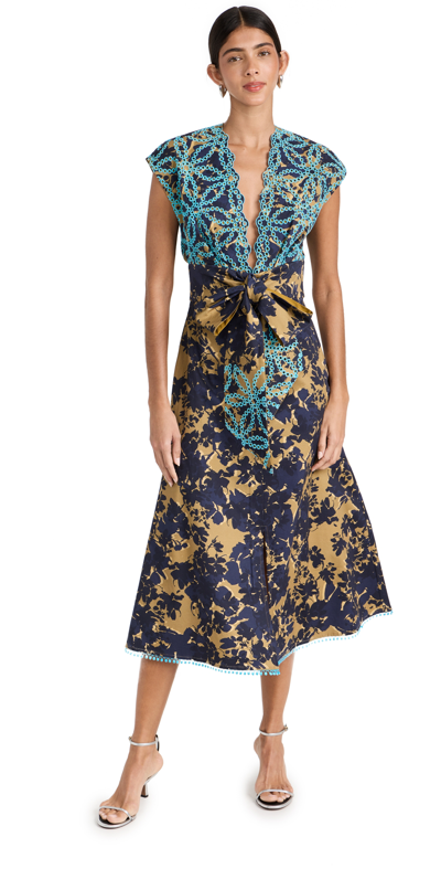 Silvia Tcherassi Toledo Dress In Camo Navy Floral Embroidery