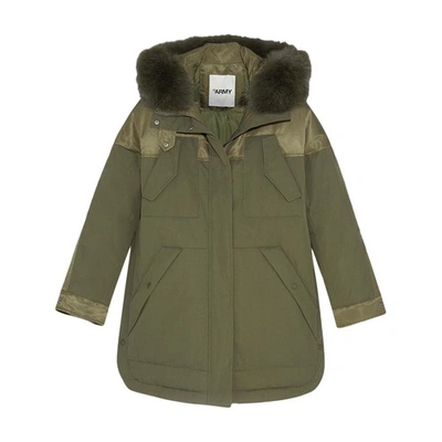 Yves Salomon Long Parka Made From A Blend Of Technical Fabrics With A Fox Fur Collar In Vert