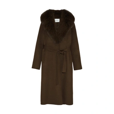 Yves Salomon Belted Cashmere Coat With Fox Fur Collar And Lapels In Kaki