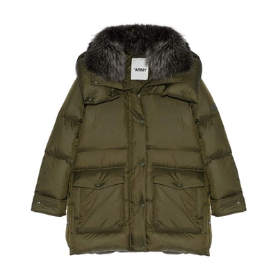 Yves Salomon 3/4-length Puffer Jacket Made From A Water-resistant Technical Fabric With A Fox Fur Collar In Kaki