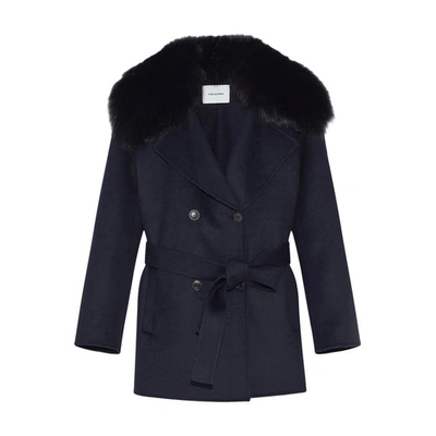 Yves Salomon Cashmere Peacoat-style Jacket With Fox Fur Collar In Bleu_fonce