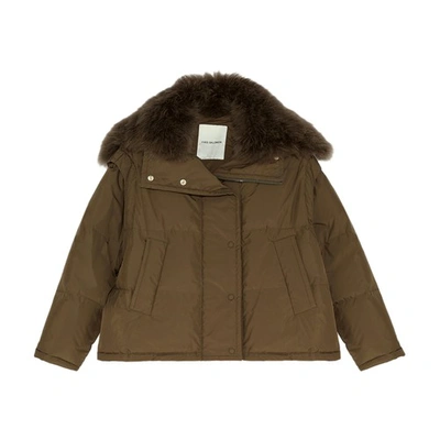 Yves Salomon Oversize Puffer Jacket Made From A Waterproof Technical Fabric With Long-haired Lambswool Collar In Kaki