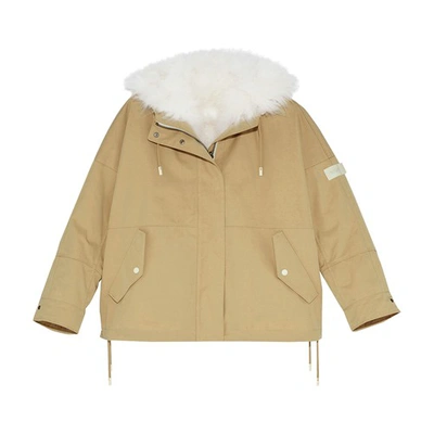 Yves Salomon Short Reversible Parka Made From A Waterproof Technical Fabric With Lambswool Trim In Beige